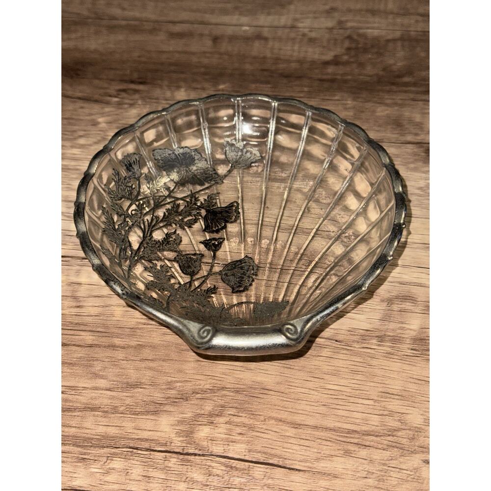 Vintage Glass Silver Overlay Clam Shell Shaped Candy Dish